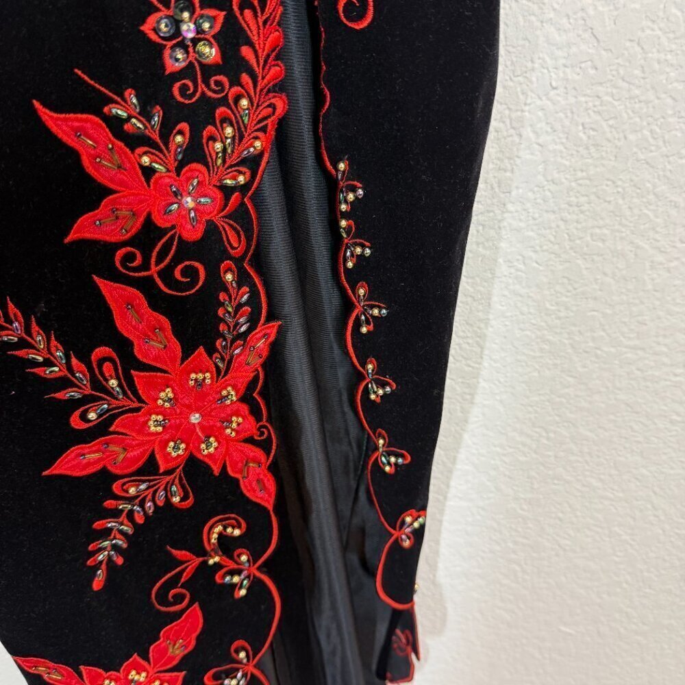 Vintage Cheongsam Qipao Dress Gown Black Velvet Red Long Maxi Hand Sewn Lace XS - Picture 11 of 12